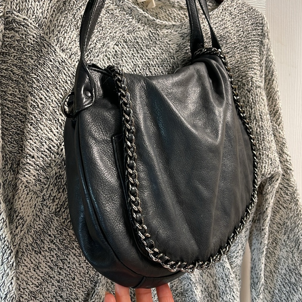 Vintage Abaco Paris black leather bag with chain accent, great condition!